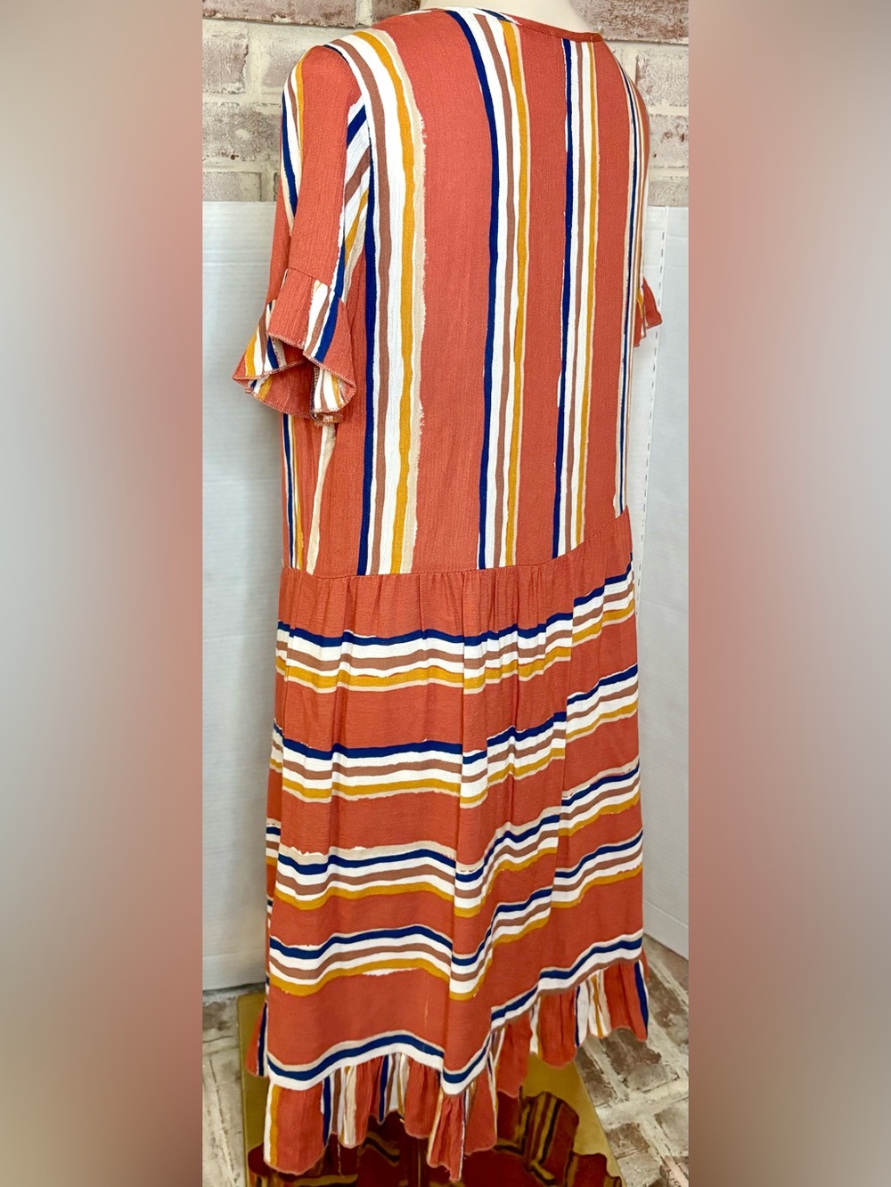 Hailey & Co Rust Stripe Tiered Ruffle Sleeve Midi Dress Women’s Medium NWT - Picture 8 of 13